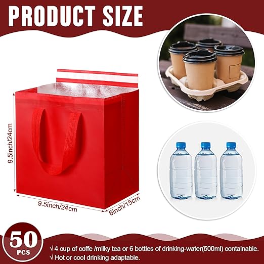 50 Pcs Insulated Take Away Bags Bulk Thermal Insulation Food for Coffee Milk Tea Hot Cold Food Fresh Seafood Cooler Pizza Delivery Bags for Catering Restaurant Grocery (Red)