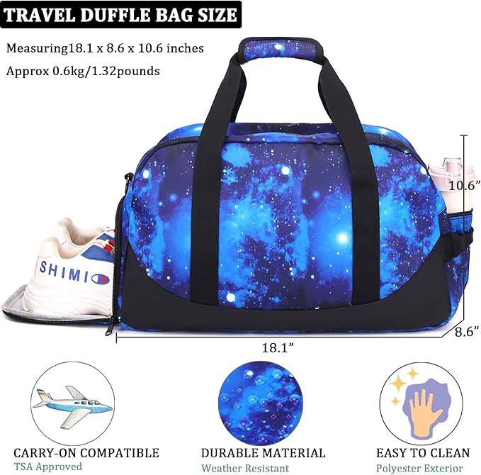 JIANYA Kids Sports Overnight Bag for Girls Boys Small Gym Duffle Bag Teens Gymnastics Bag Sleepover Bag with Shoe Compartment, Galaxy Blue