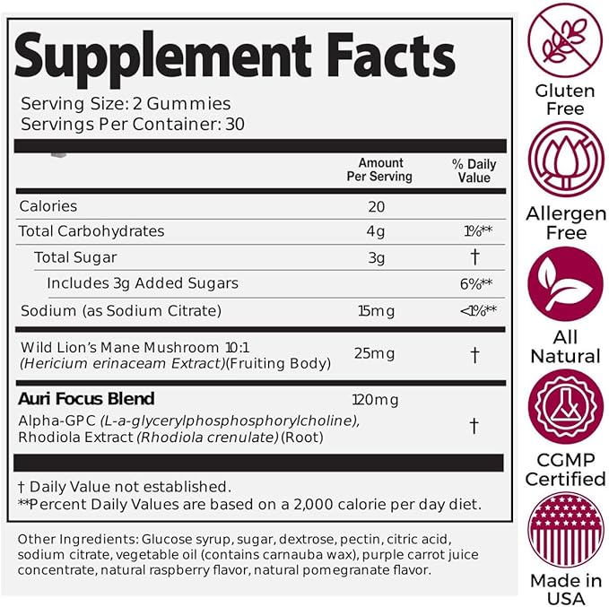 Auri Super Mushroom Focus Gummies - w/Lion's Mane, Alpha GPC & Rhodiola - Mushrooom Supplement to Support Cognitive Function, Mental Clarity, Focus & Energy | 60 Gummies, Vegan Friendly, Non GMOs
