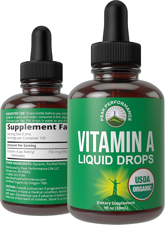 USDA Organic Vitamin A Liquid Drops Supplement. Vegan High Bioavailability For Eye, Skin, and Bone Health. For Adults, Men, Women, Kids. Organic Vit A Oil Retinyl Palmitate. Gluten Free, Zero Sugar
