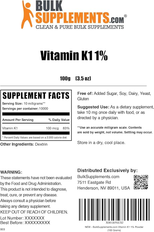 BulkSupplements.com Vitamin K1 Powder - 1%, Vitamin K Supplement, Vitamin K-1 100mcg - Gluten Free, 10mg per Serving, 100g (3.5 oz) (Pack of 1)