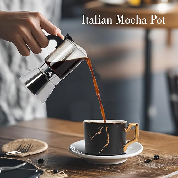 Stovetop Espresso Maker, 3Cup 360ml Moka Pot, Crystal Glass-top & Stainless Steel Coffee Maker Mocha Pot, Greca De Cafe, Cuban and Italian Coffee Maker for Cafetera Cubana