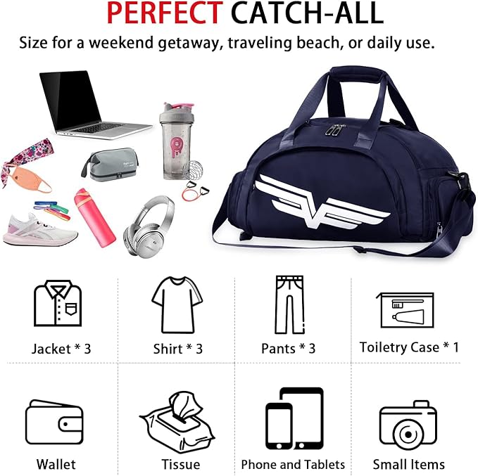 FIORETTO 30L Sports Gym Duffle Bag with Wet Pocket & Shoe Compartment, Weekender Hospital Overnight Bag for Women, Sports Holdall Backpack