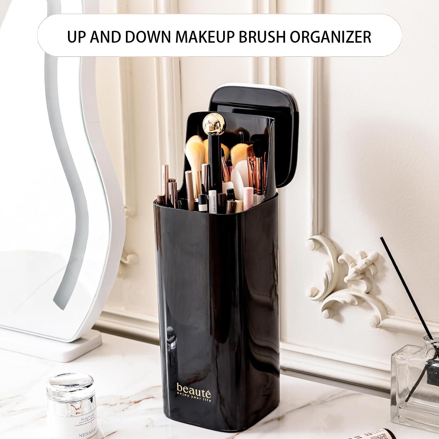 ACSTORi Makeup Brushes Organizer With Portable Covered Cap Waterproof Dustproof Manual Press Lift Makeup Brush Holder With Lid For Vanity Desktop Bathroom Countertop Black