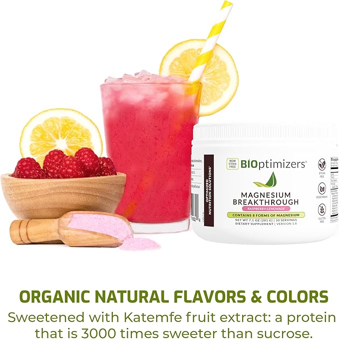 BIOptimizers Magnesium Breakthrough Drink Raspberry Lemonade - 8 Forms of Magnesium: Glycinate, Malate, Citrate, and More - Natural Sleep and Brain Supplement – 6 oz (30 Servings)