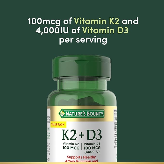 Nature's Bounty Vitamin D3 K2 Supplement, 4000 IU Vitamin D3 Plus 100 mcg of Vitamin K for Heart & Bone Health Support, 60 Day Supply, 60 Vegetarian Capsules, K2 + D3 Supplements for Adults