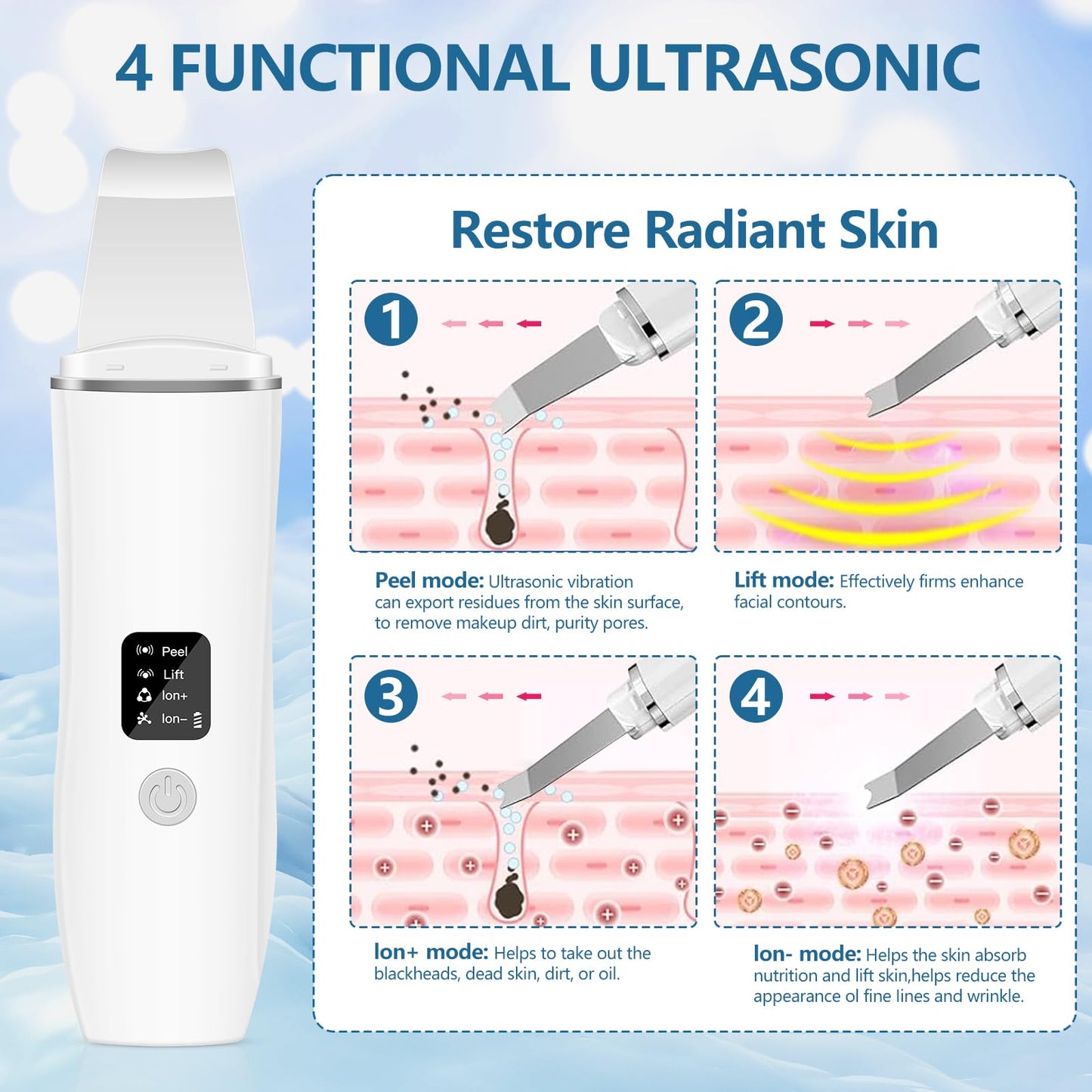 ACWOO Skin Scrubber, Ultrasonic Skin Spatula Blackhead Remover with 4 Modes, USB Rechargeable Facial Pore Cleaner Comedones Extractor Wrinkle Remover, Skin Care Tools for Facial Deep Cleansing