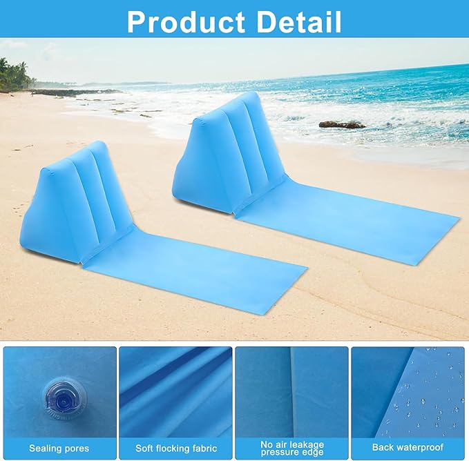 2PCS Light Blue Inflatable Beach Mat Lounge Chair - Flocking Camping Leisure Lounger Back
