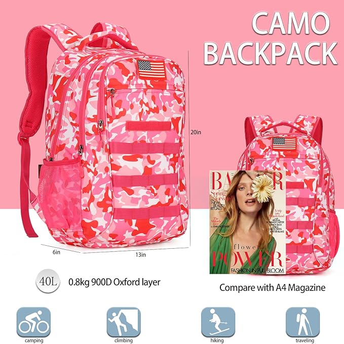 4land Camo Backpack for Boys,Army Boys Backpacks for Elementary Middle School Military,Camouflage Bookbag 40L