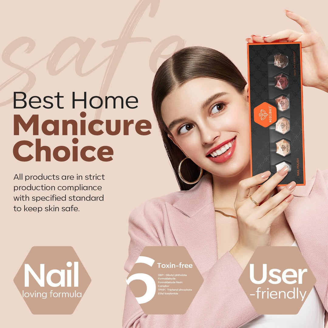 modelones Nail Polish Set 6 Colors, Nude Brown Burgundy Glitter Quick Dry Mini Nail Lacquer Kit, Skin Tone Dark Red Pink Nail Art DIY Home Travel Salon Nail Art Manicure Gift for Women Girls
