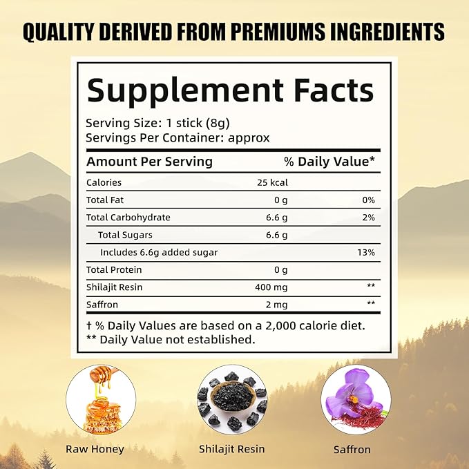 Pure Himalayan Shilajit Honey Sticks - Organic Raw Honey Shilajit Sticks for Men Women with Saffron Boost Energy Vitality & Immune Support 30 Packs