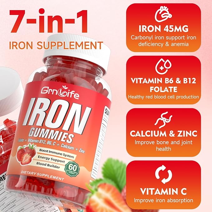 Iron Gummies for Women, Men & Kids, Sugar Free Iron Supplement with Calcium, Zinc, Folate & Vitamin B12, C, B6 - for Blood Building & Energy Support, Anemia, Strawberry, 60 Count
