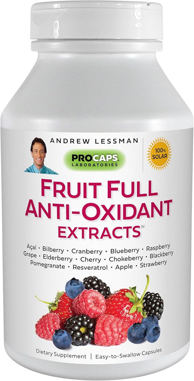 ANDREW LESSMAN Fruit Full Anti-Oxidant Extracts 30 Capsules - 14 Natural Fruit and Berry Extracts. Bilberry, Cranberry, Grape Seed, Pomegranate, Resveratrol, and More. Easy to Swallow Capsules