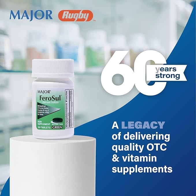 Major Ferosul - Ferrous Sulfate 325mg Tablets with 65mg of Elemental Iron - Iron Supplement for Women, Men - Green - 100 Tablets (3 Pack)