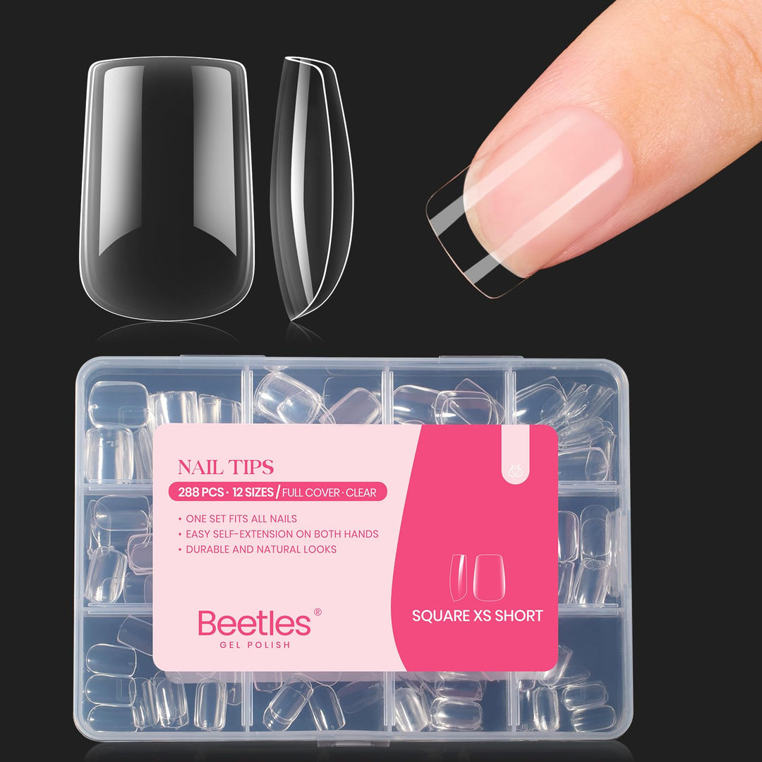 Beetles Gel Nail Tips Xs Short Square Nail Tips, 12 Sizes 288 Pcs Pre-Shaped Clear Full Cover False Nails Clear Acrylic Nails Gl