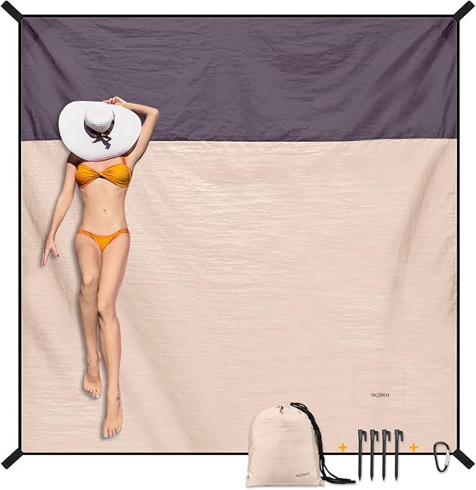 Beach Blanket Waterproof Sandproof Large Beach Mat 79" X 87", Quick Drying Durable Portable Lightweight Outdoor Nylon Picnic Blanket for Travel Camping Hiking, Champagne Gold