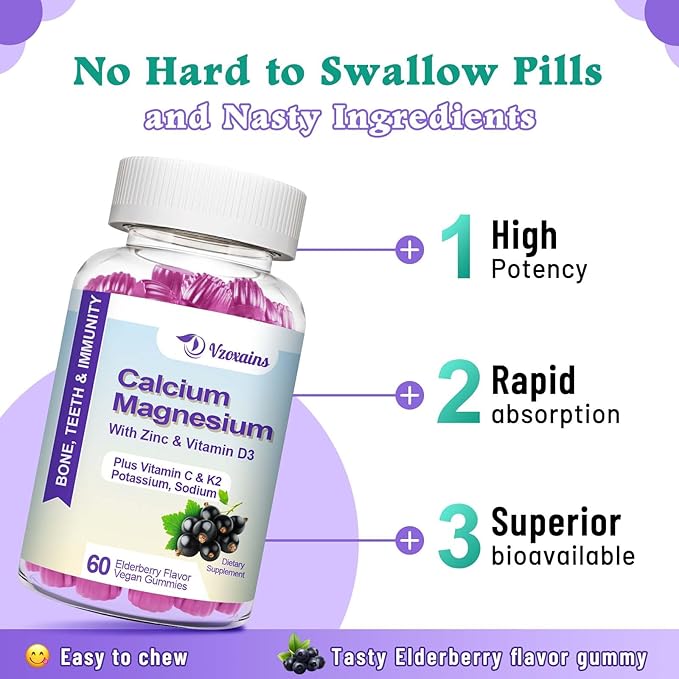 High Absorption Calcium Gummies, Sugar Free Calcium Magnesium Supplement with Potassium Vitamin D3 for B0ne & Teeth Strength, Muscle Function - Vegan, Elderberry Flavor 60 Cts