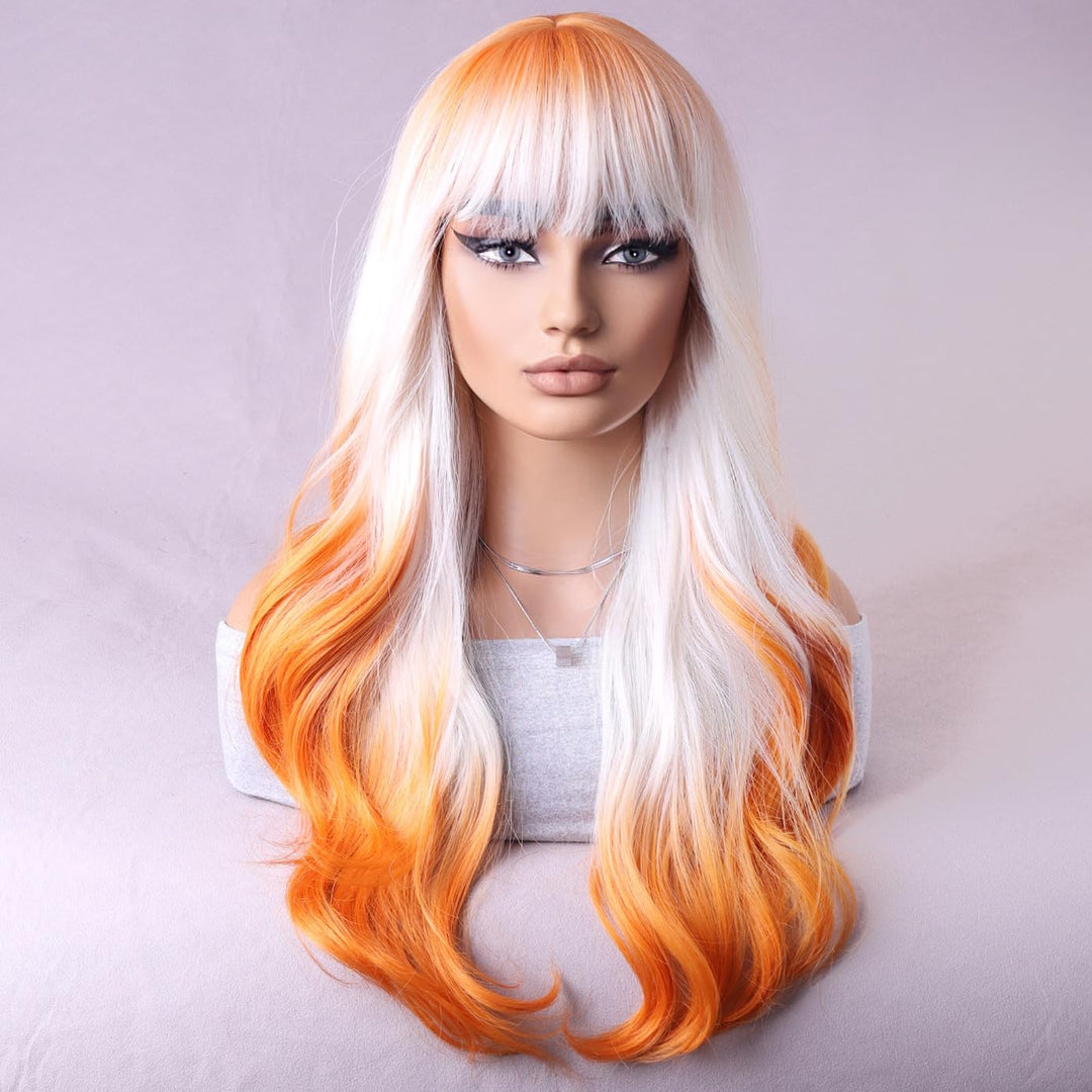 RightOn Orange Ombre Wig Long Wavy Wig Ombre Orange Wig with Bangs Orange Wigs with Wig Cap