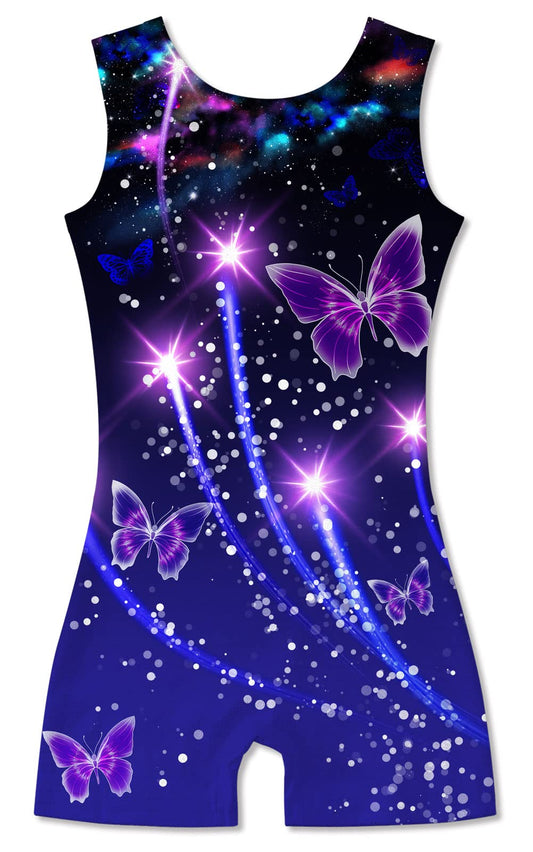 TUONROAD Kids Gymnastics Unitard Girls Butterflies Biketard Leotard Navy Blue Tights Jazz Outfits with Animal 3D Printed Short Sleeve Dancewear 5-6T