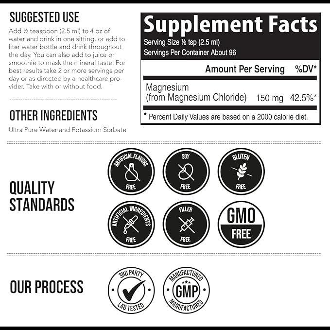 Liquid Magnesium | 8 oz - Ionic Magnesium Chloride, Highest & Fastest Absorption - Calm Mood, Sleep, Muscle Cramps & Spasms, Natural Laxative – Vegan, Glass Bottle (96 Servings)