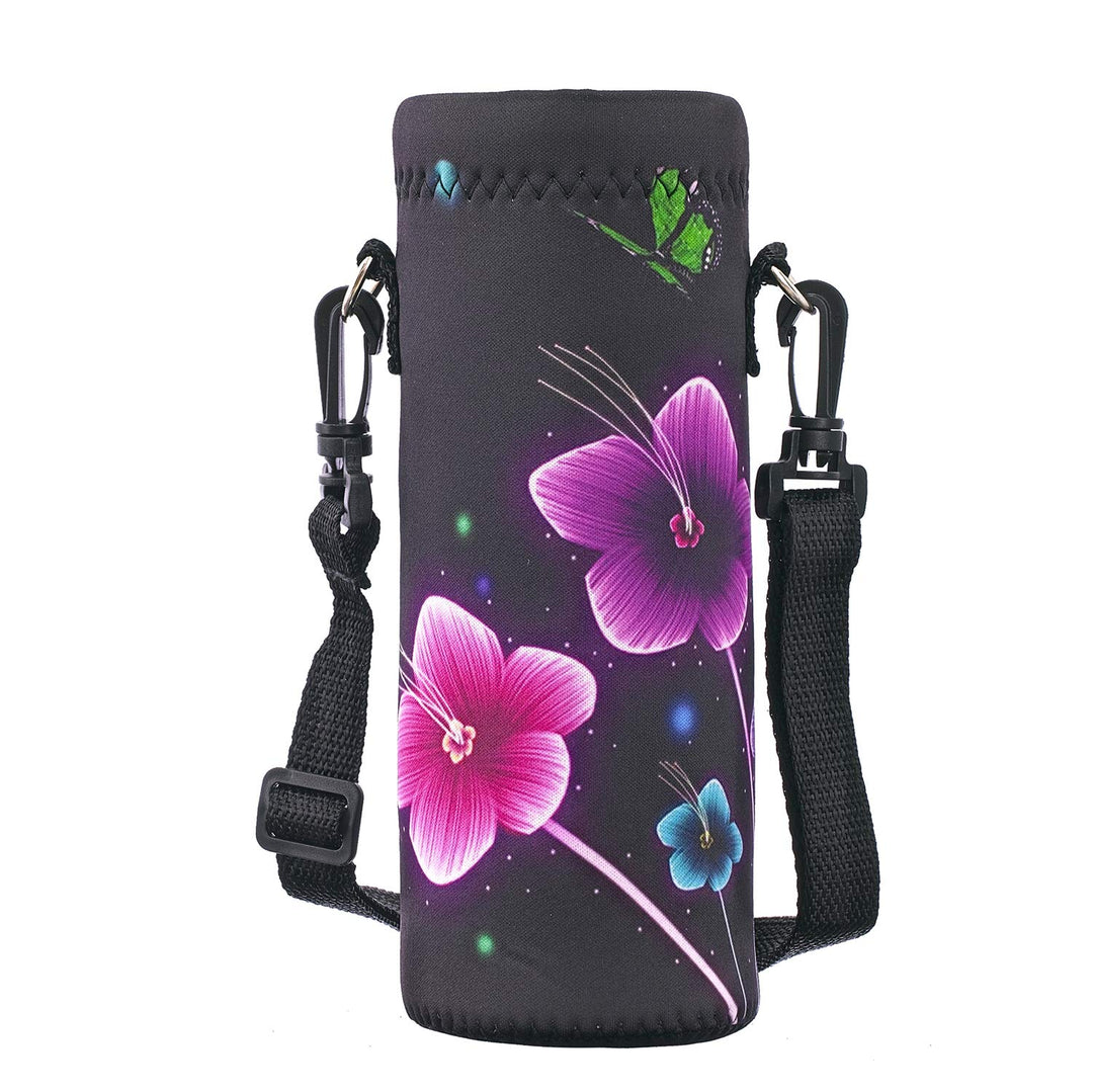 RICHEN Neoprene Water Bottle Carrier Bag with Adjustable Shoulder Strap,Insulated Water Bottle Cover for 500ml/16oz Stainless Steel/Glass/Plastic Bottles (Colorful Flowers,500ML)