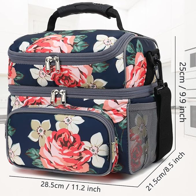 FlowFly Double Layer Cooler Insulated Lunch Bag Adult Lunch Box Large Tote Bag for Men, Women, With Adjustable Strap,Front Pocket and Dual Large Mesh Side Pockets