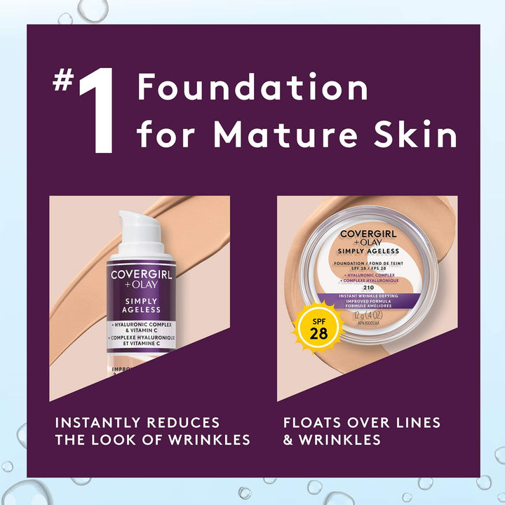 CoverGirl & Olay Simply Ageless 3-in-1 Liquid Foundation, Matte Finish, Hyaluronic & Vitamin C Formula, Cruelty Free, Toasted Almond, 1 Count