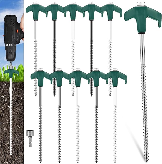 Hicarer 10 Pcs 8'' Screw in Tent Stakes Heavy Duty Ground Anchors Screw in Tent Pegs Ground Stakes Tent Spikes Metal Tent Spikes with Hex Head Driver for Camping Garden Canopies (Dark Green)