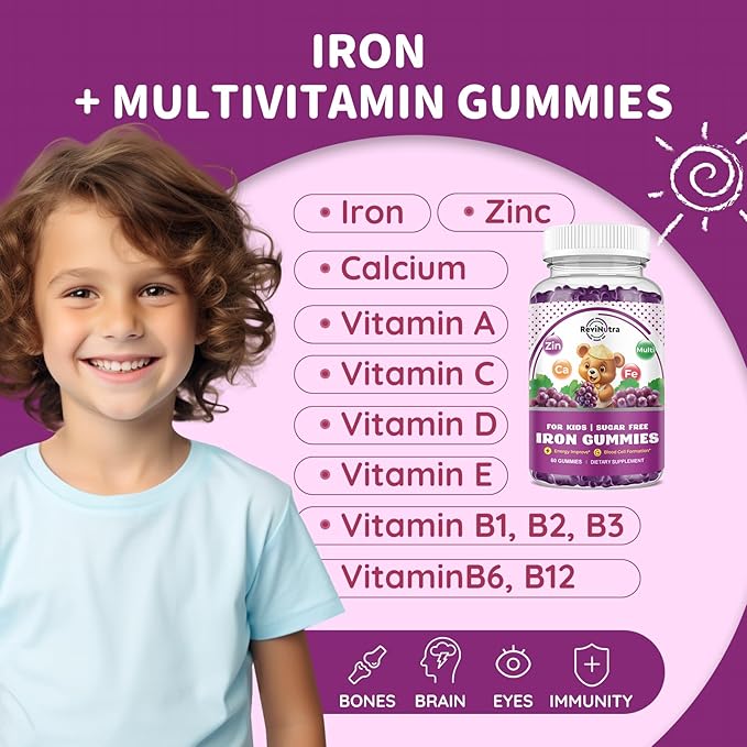 Iron Supplement Gummies for Kids - with Calcium, Zinc, Kids Multivitamin with Iron Gummies - Immune Support, Blood Builder & Energy Support for Iron Deficiency, Anemia, Vegan - 60 Gummies Grape Flavor