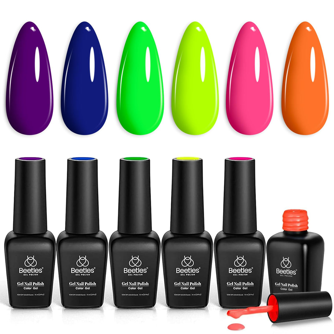 Beetles Gel Nail Polish Set, Nails Gel Halloween Orange Hot Pink Blue Yellow Green Purple Gel Polish 6 Colors Soak Off Uv Led Ge