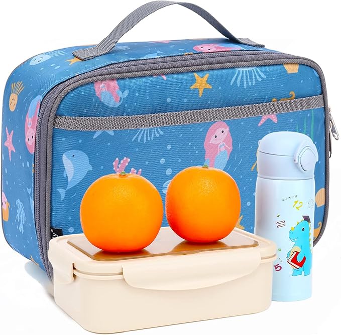FlowFly Kids Lunch box Insulated Soft Bag Mini Cooler Back to School Thermal Meal Tote Kit for Girls, Boys, Mermaid