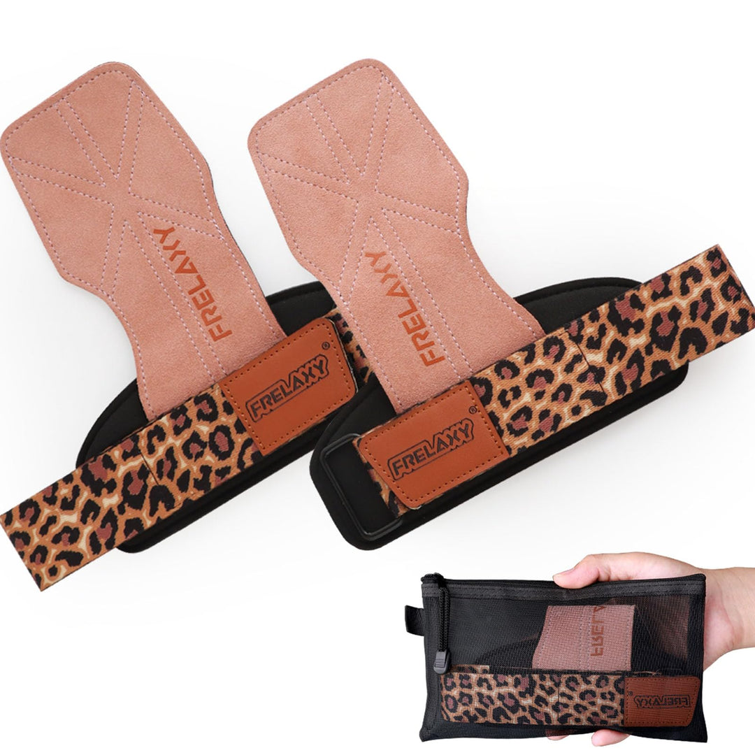 Frelaxy lifting Grips Women and Men, Weight lifting Wrist Straps with Cushion Wrist Loop, Double Layer Leather, and Storage Pouch, Gym Gloves for Deadlift and Powerlifting (Pink/Leopard)