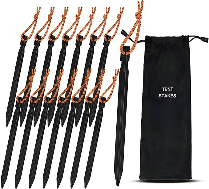 15Pack Tent Stakes, 7075 Aluminum Tent Stakes Heavy Duty, Metal Stakes with Pull Rope, Lightweight Tent Pegs for Backpacking, Durable Camping Tent Accessories, Black