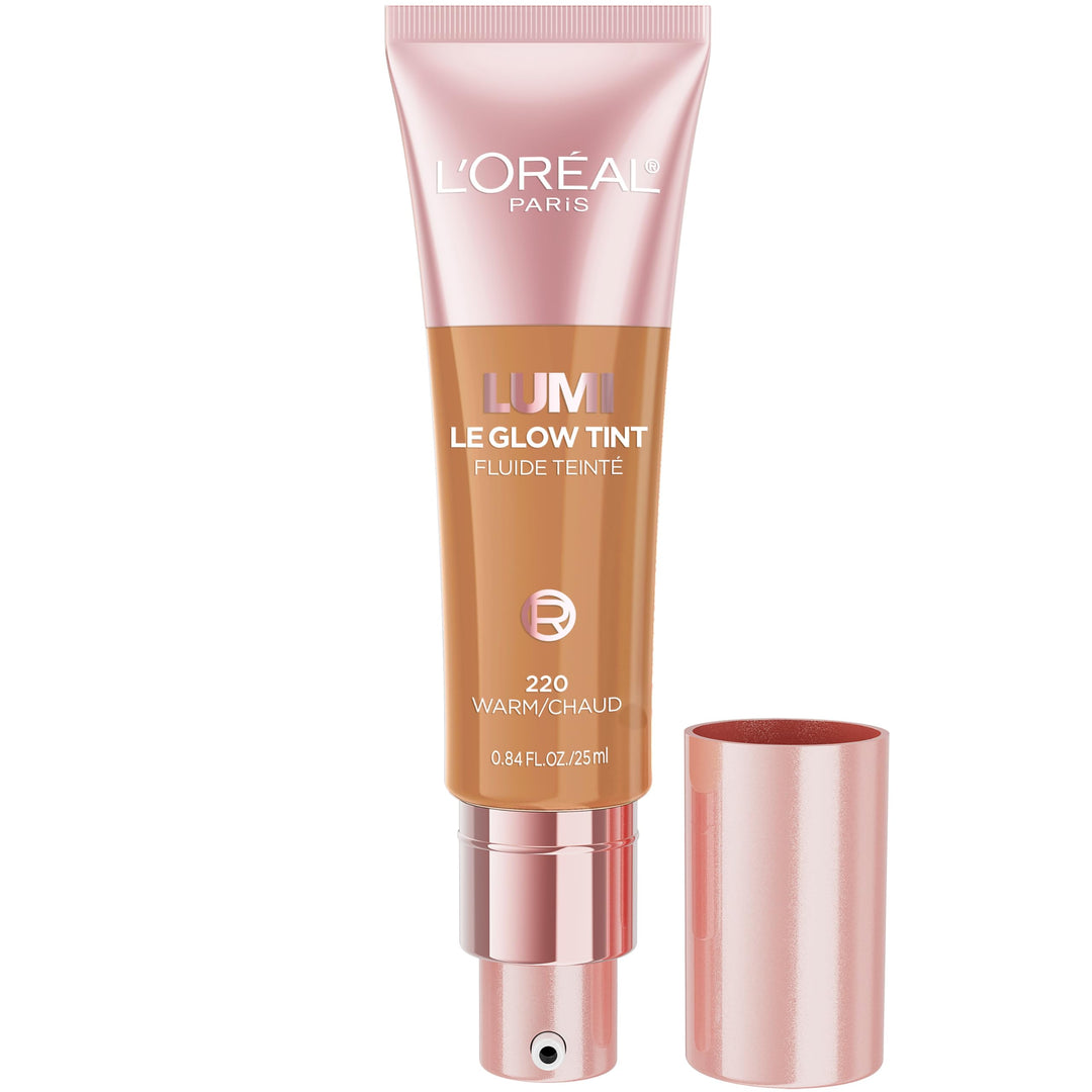 L'Oreal Paris Lumi Le Glow Skin Tint, Lightweight Water-Based Tinted Serum with Foundation-Like Coverage, Glow Illuminator, Warm 220, 0.85 Fl Oz