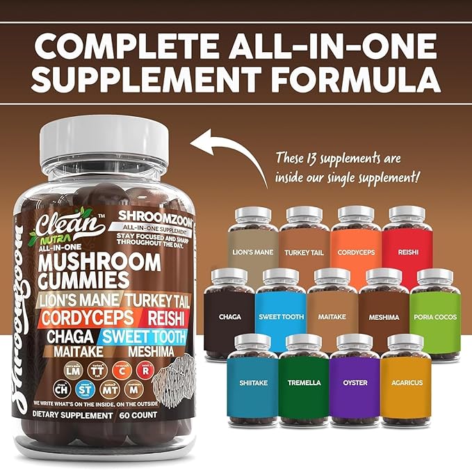 15in1 Mushroom Gummies with Lion's Mane Turkey Tail Cordyceps Reishi Chaga Sweet Toot Maitake Meshima Poria Cocos Shiitake Tremella, Oyster Agaricus Mushrooms for Men and Women Supplement Clean Nutra