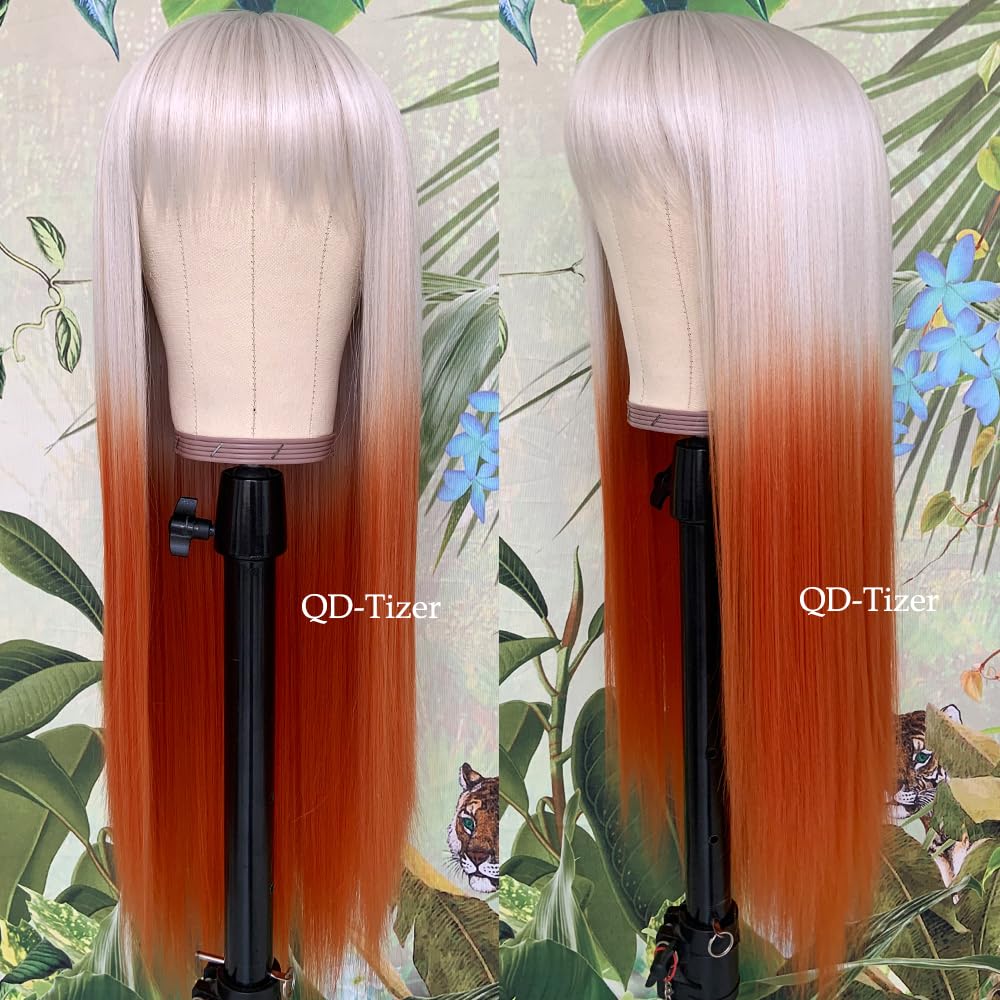 QD-Tizer Long Straight Orange Synthetic Wigs with Bangs Heat Resistant Fiber Glueless Synthetic No Lace Wigs for Fashion Women White Hair Party/cosplay Wigs