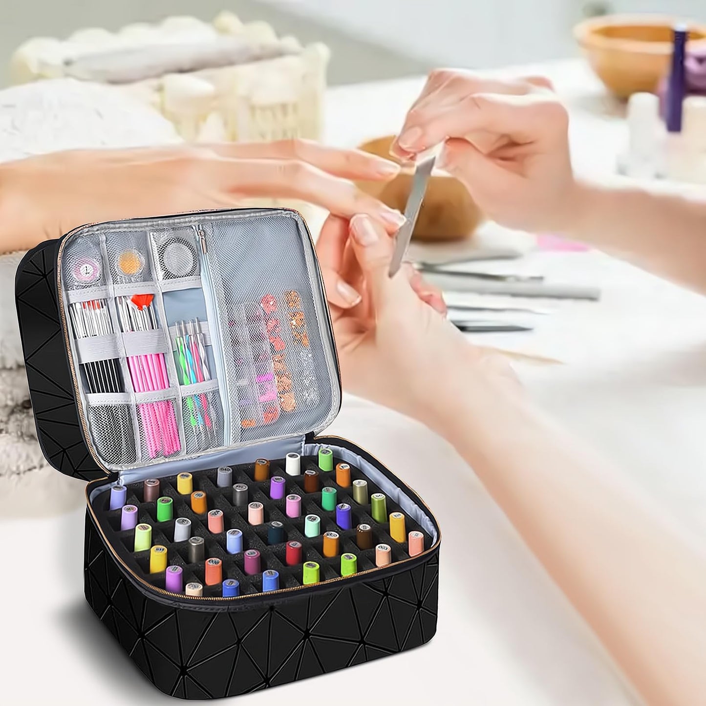 3-Layer Travel Makeup Bag,Nail Polish Organizer,Nail Tools Storage,2 in 1 Removable Polish Package,Waterproof,Adjustable Dividers Compartment,Holds 84 Bottles of 15ML Nail Polish