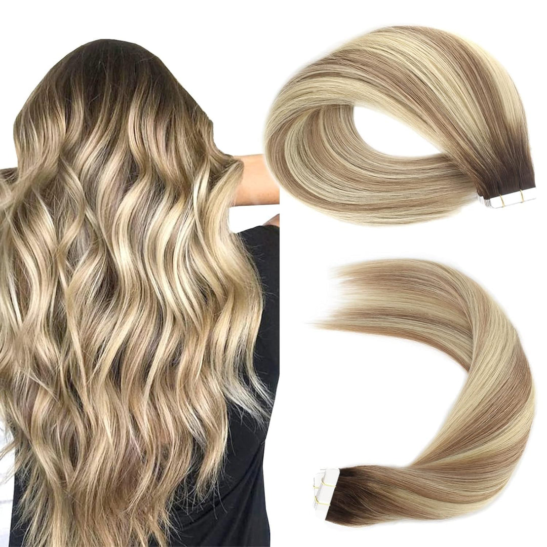 Sassina Invisible Thick Tape in Hair Extensions Human Hair Rooted Brown to Blonde Human Hair Tape in Extensions 14 Inch Double Side Tape in Human Hair Extensions 50 Gram 20 Pcs #R3-8P/613