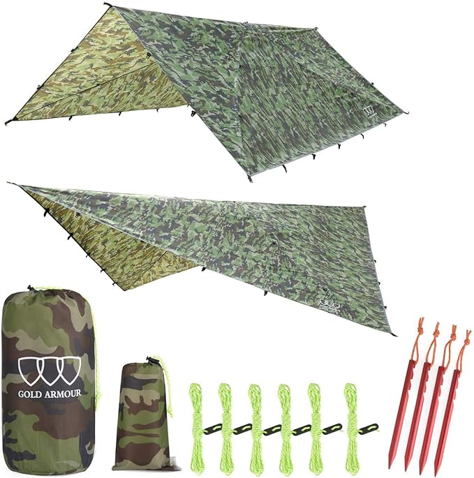 Gold Armour Rainfly Tarp Hammock, Premium 14.7ft/12ft/10ft/8ft Rain Fly Cover, Waterproof Ultralight Camping Shelter Canopy, Survival Equipment Gear Camping Tent Accessories (Camouflage 12ft x 10ft)