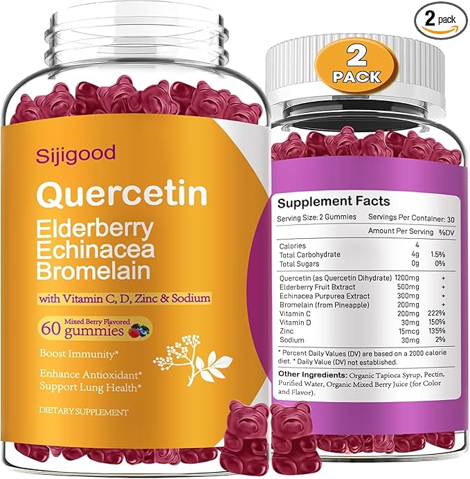 2 Packs Quercetin with Bromelain Gummies, Elderberry, Echinacea, Vitamin C D Zinc - Immune System Support 120 Counts Pure Quercetin Supplements Gummies for Kids & Adults