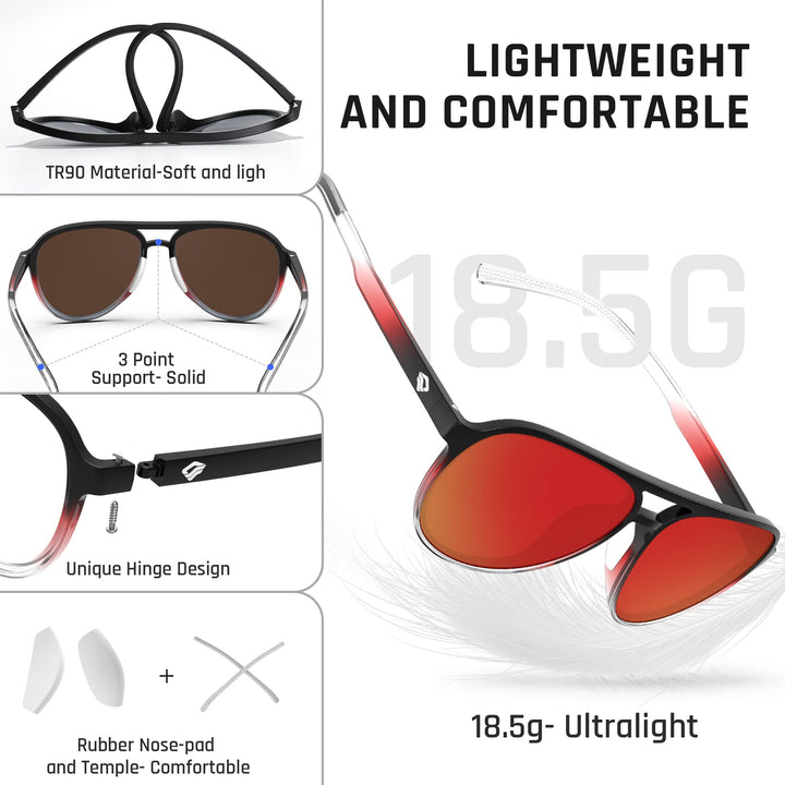 TOREGE Aviator Sunglasses Polarized Sunglasses for Men Women Sports Glasses Fishing Boating Beach Golf Driving TR75(Black Red Transparent Gradient&Black Red Lens C11)