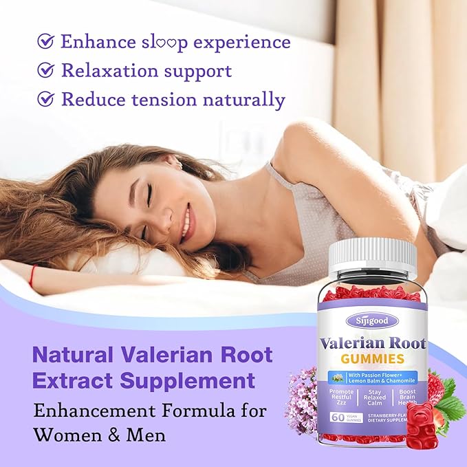 Valerian Root Gummies Organic, Valerian Root Supplement for Zzz, Relaxation & Calm, Natural Herbal Supplement for Men & Women, Melatonin Free, Vegan, Non-GMO, Strawberry Flavor, 60 Count
