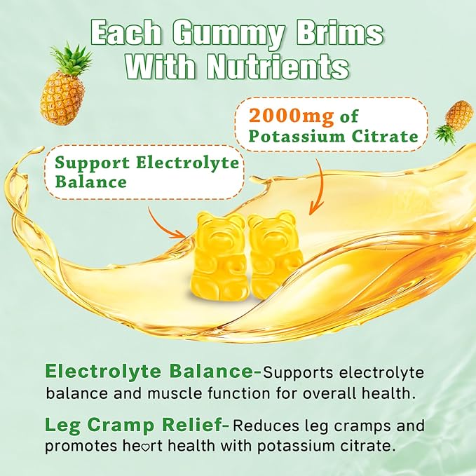 Potassium Citrate Gummies – High Potency Potassium Supplement for Muscle Health, Leg Cramp Relief, Electrolyte Balance – Vegan, Non-GMO, Gluten-Free, Pineapple Flavor, 60 Count