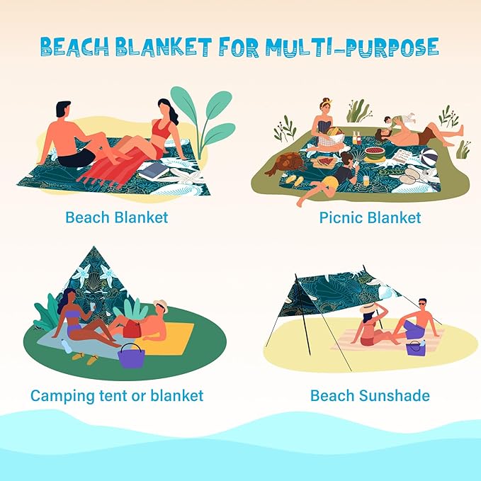Beach Blanket Waterproof Sandproof 1-7 Adult Oversized 78 '' × 81 '' Lightweight Durable Compact Sand Free Beach Mat for Travel Camping Hiking Picnic Blanket Extra Large