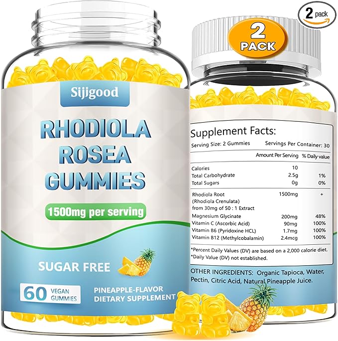 2 Pack Sugar-Free Rhodiola Rosea Gummies, Adaptogenic Rhodiola Rosea Supplement & Cortisol Blocker for Enhanced Stamina, Mood Elevation, and Motivation Boost, Non-GMO, Vegan, 120 Count
