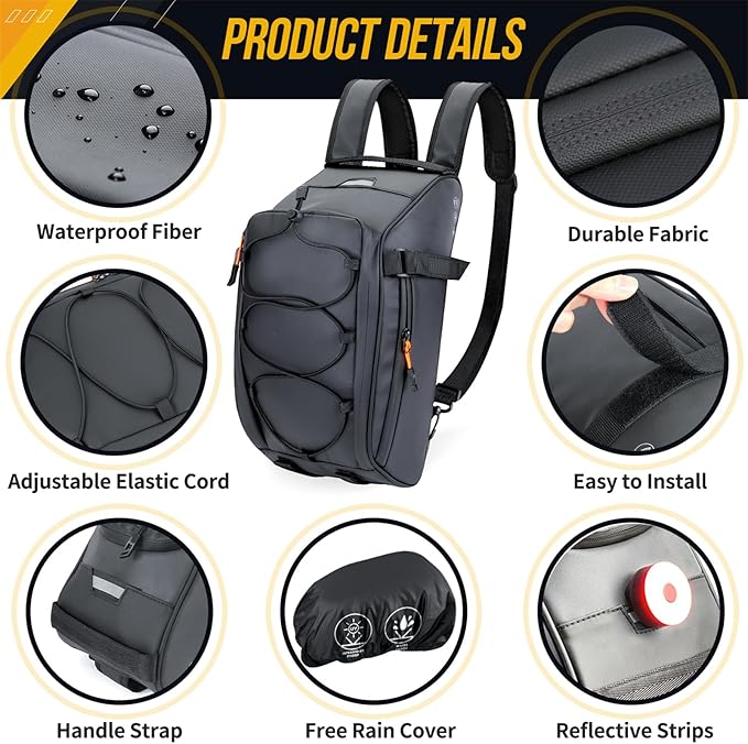 WOTOW Bike Rack Bag Waterproof - 10L Large Capacity Bike Trunk Bag, Reflective Bicycle Saddle Panniers, Cycling Bag Back Seat Storage Cargo Carrier Pouch with Shoulder Strap & Hook (10L)