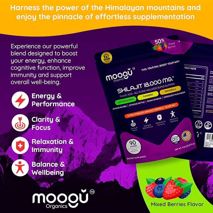 18,000mg Moogu Pure Himalayan Shilajit (90 Gummies) Ashwagandha, 75%+ Fulvic Acid & 85+ Trace Minerals I Men,Women I Panax Ginseng, Rhodiola, Turmeric, Gingko, Biloba, Cordyceps, Stinging Nettle.