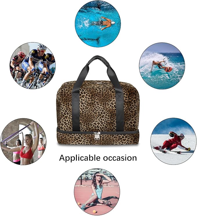 TropicalLife Leopard Print Waterproof Duffel Bag, Sports Tote Gym Bag, Animal Print Weekender Overnight Bag with Shoes Compartment for Men Women