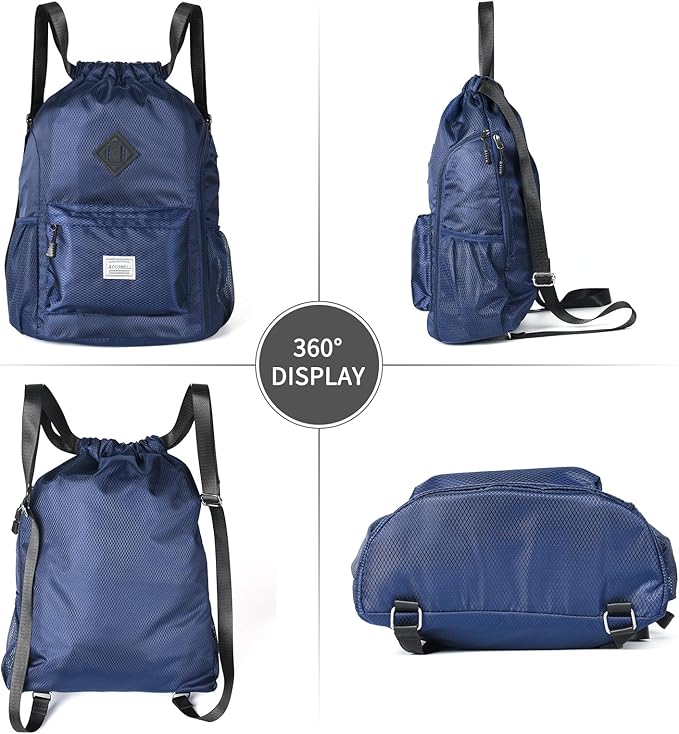 ALUSBELL Large Drawstring Backpack Bag, Sports Gym Bag String Sackpack with Shoes Compartment, Waterproof String Bag Cinch for Women Men(Navy Blue)