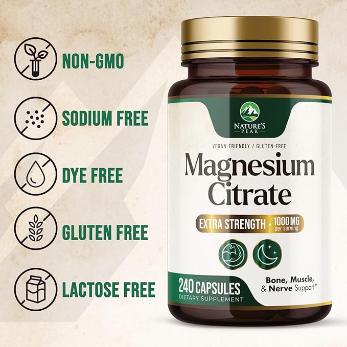Magnesium Citrate Extra Strength 1000 mg - High Absorption Magnesium Supplement for Muscle, Bone, Nerve & Heart Health Support, Magnesio Vitamin Pills, Non-GMO, Nature's Premium Formula - 240 Capsules